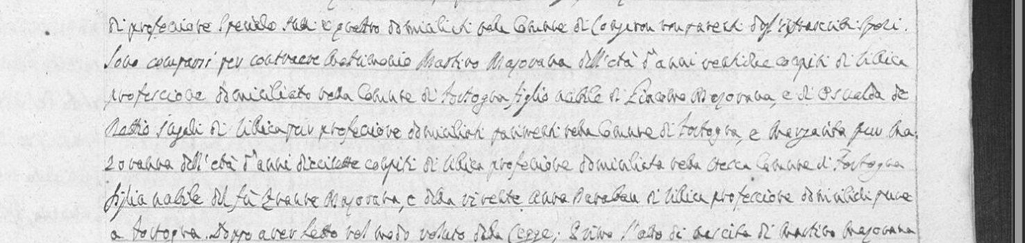 Trecho manuscrito do ato de casamento de Mattio Mazorana, 25 de maio de 1809, nomeando seus pais Giacomo Mazorana e Osualda de Nettis